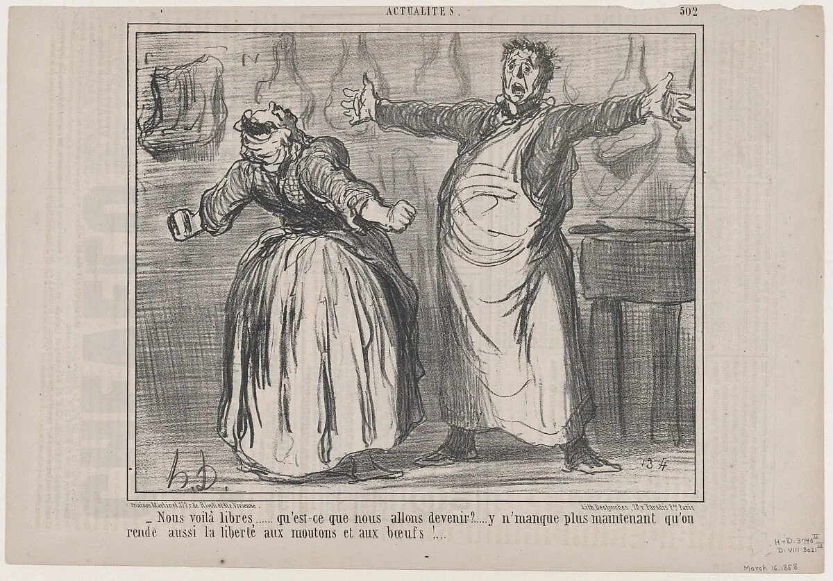 Nous voilà libres...qu'est-ce que nous allons devenir?, from Actualités, published in Le Charivari, March 16, 1858 — Aaron Martinet|Honoré Daumier|Destouches