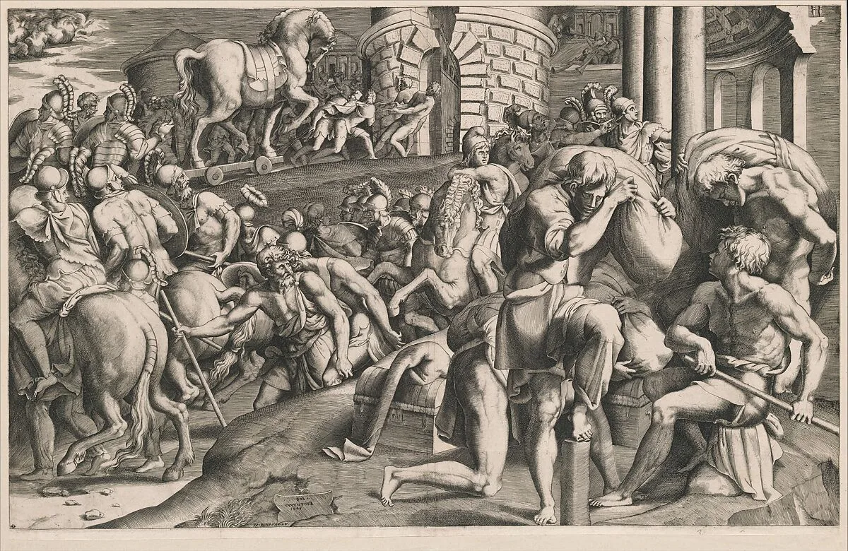 The Trojans pulling the wooden horse into the city — Giulio Bonasone|Francesco Primaticcio
