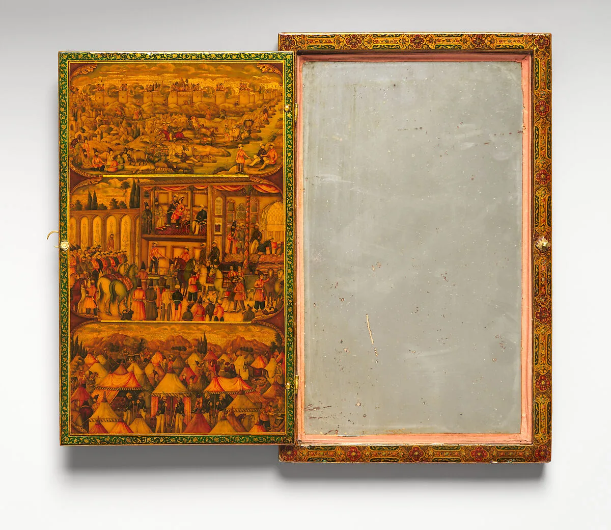 Mirror Case Depicting the Meeting of Nasir al-Din Mirza and Tsar Nicholas I in Erivan and Satin Pouch — Muhammad Isma'il Isfahani