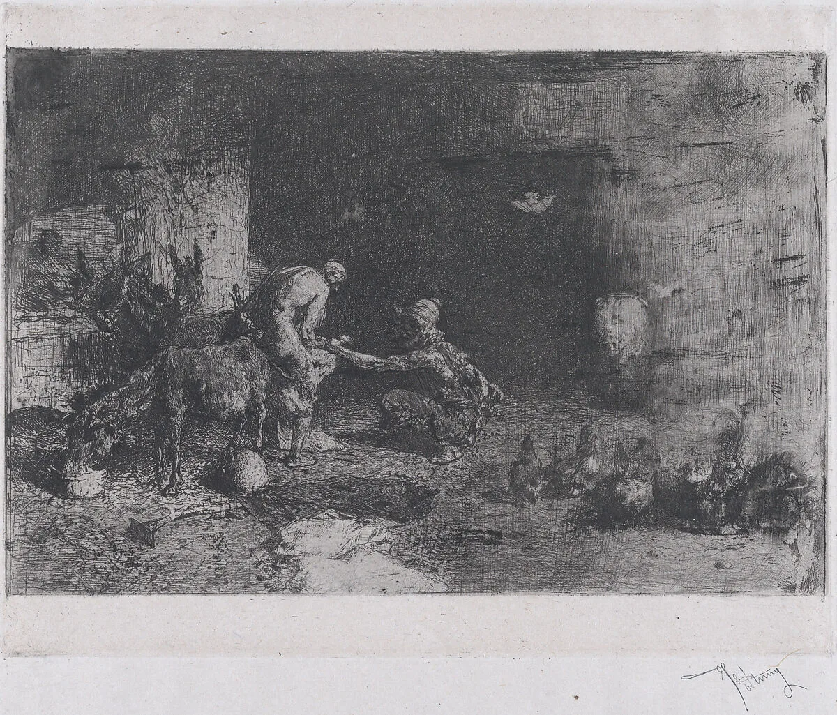 A Morrocan farrier at left accompanied by another figure attending to the hoof of a mule — Mariano Fortuny, 1838–1874