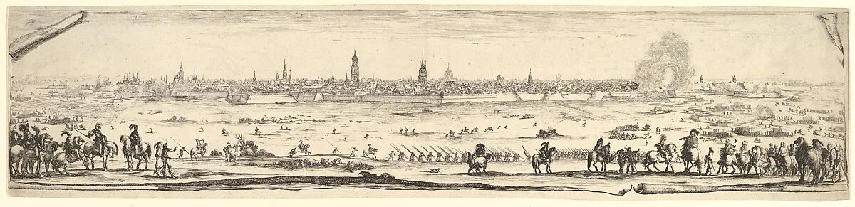 Plan and view of the city of Arras, depicting a siege with horsemen in foreground to left and right, footsoldiers in center, clouds of smoke to right, cityscape in the background — Stefano della Bella