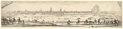 Plan and view of the city of Arras, depicting a siege with horsemen in foreground to left and right, footsoldiers in center, clouds of smoke to right, cityscape in the background