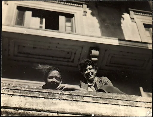 [Jane Ninas and Christine Fairchild on Balcony, Belle Grove Plantation House, White Castle, Louisiana]