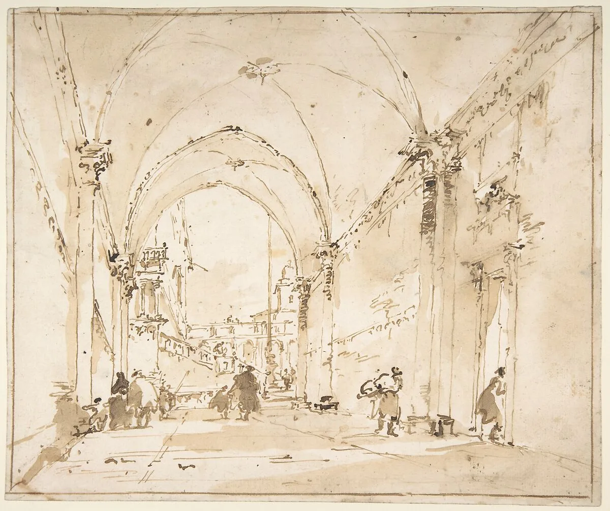 Architectural Capriccio: Vaulted Passageway Leading to a Square — Francesco Guardi