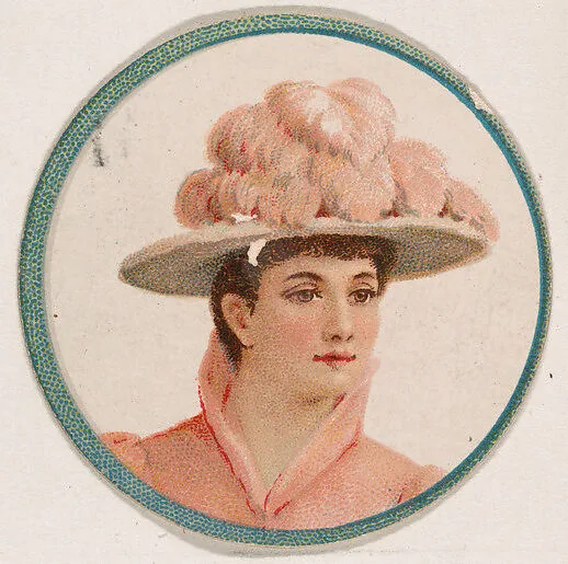 Woman wearing hat with pink feathers, from the Novelties series (N228, Type 2) issued by Kinney Bros. — Kinney Brothers Tobacco Company