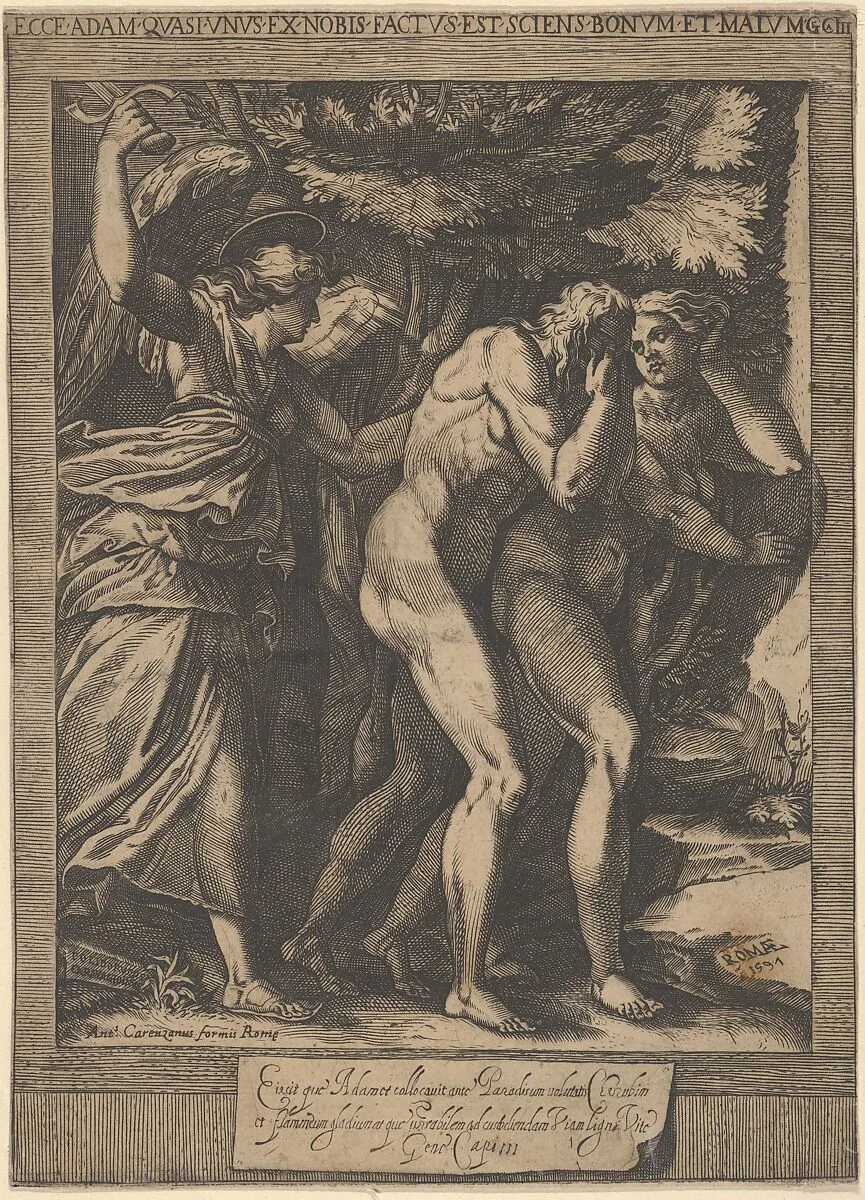 The Expulsion of Adam and Eve with an angel wielding a sword behind them — Cherubino Alberti (Zaccaria Mattia)|Antonio Caranzano|Polidoro da Caravaggio