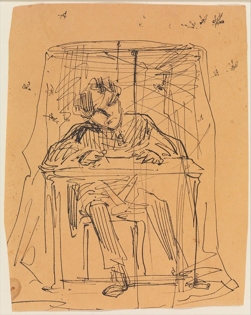 Man at Table beneath Mosquito Net (from Sketchbook) — James McNeill Whistler