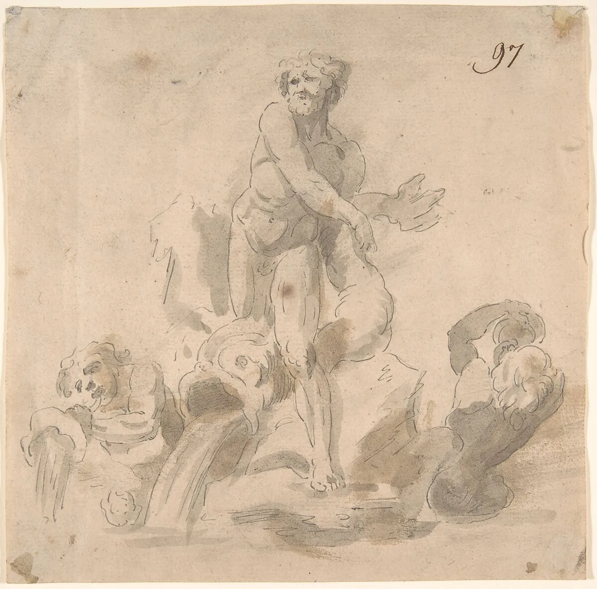 Design for a Fountain with a River God, Dolphins and other Figures — Anonymous, Italian, 17th century