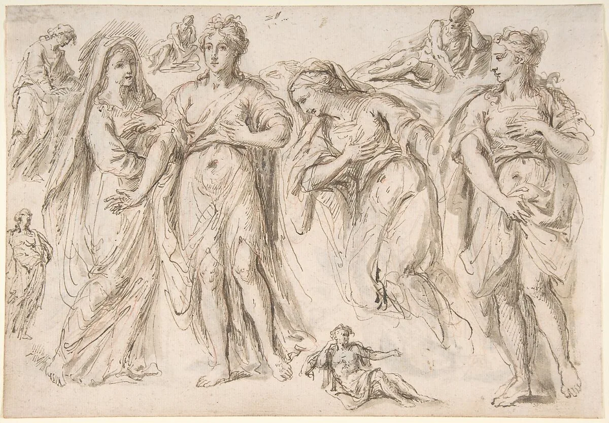 Studies of draped female and male figures; verso: Studies of draped female figures — Bartholomaeus Ignaz Weiss