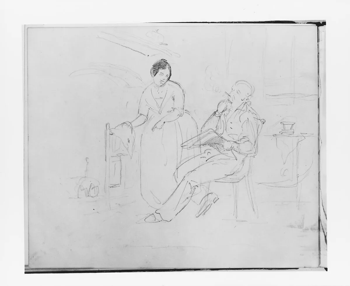 Interior Scene with Man Smoking and Woman Pointing (from Sketchbook) — Francis William Edmonds