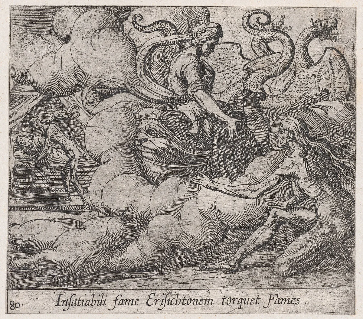 Plate 80: Ceres' Nymph Telling Famine to Strike Erysichthon (Insatiabili fame Erisichtonem torquet Fames), from Ovid's 'Metamorphoses' — Antonio Tempesta