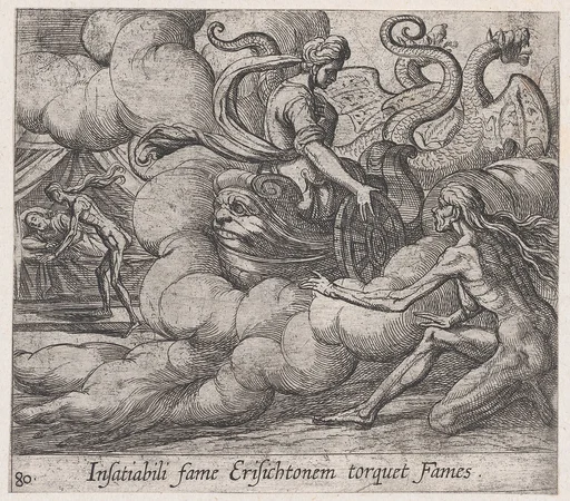 Plate 80: Ceres' Nymph Telling Famine to Strike Erysichthon (Insatiabili fame Erisichtonem torquet Fames), from Ovid's 'Metamorphoses'