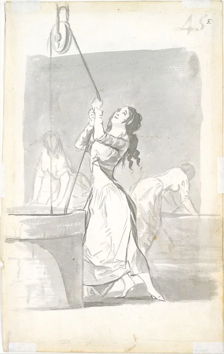 Three women, one in the foreground drawing water from a well, two in the background washing; folio 45 (recto) from the Madrid Album 'B'. — Goya (Francisco de Goya y Lucientes)