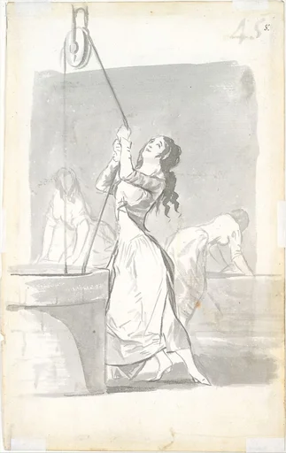 Three women, one in the foreground drawing water from a well, two in the background washing; folio 45 (recto) from the Madrid Album 'B'.
