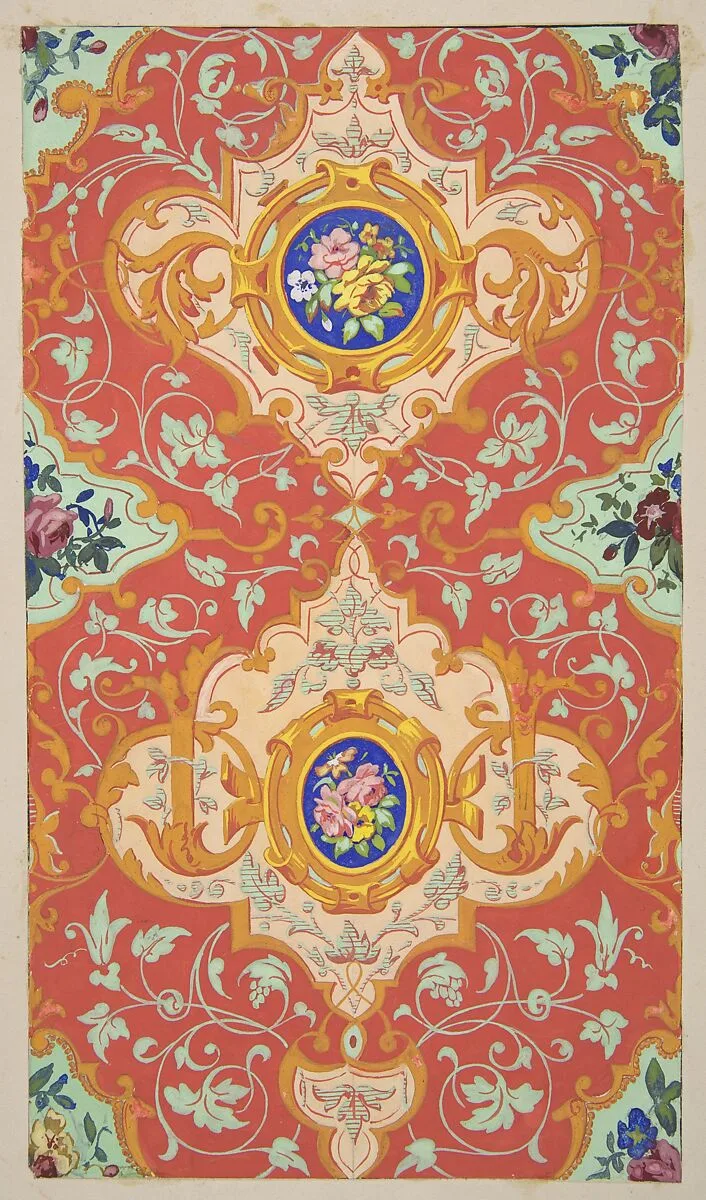 Design for wallpaper featuring strapwork, rinceaux, and cartouches filled with bouquets of roses — Jules-Edmond-Charles Lachaise|Eugène-Pierre Gourdet