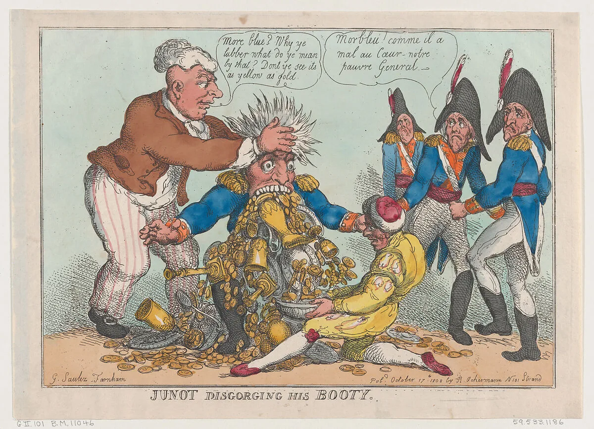Junot Disgorging His Booty — Rudolph Ackermann, London|Thomas Rowlandson|Jean Andache Junot, duc d'Abrantes|G. Saulez Farnham