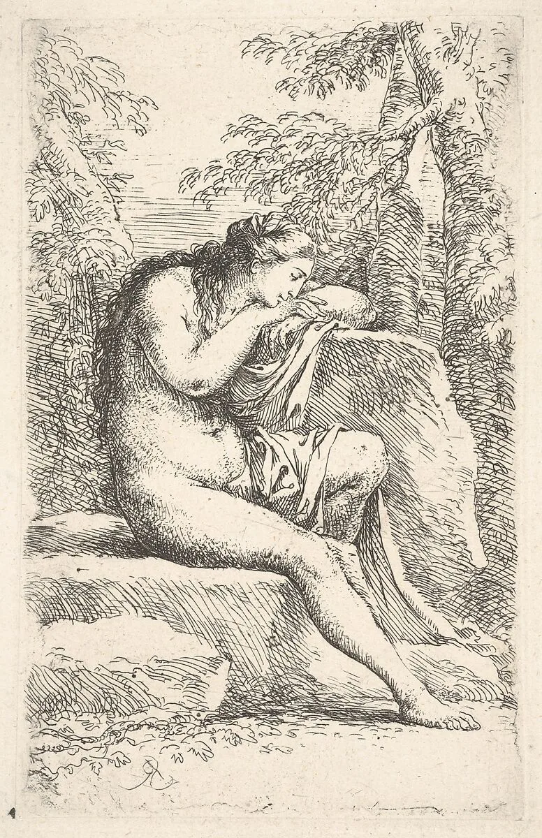 A semi-nude woman seated resting her head on a rock, from the series 'Figurine' — Salvator Rosa