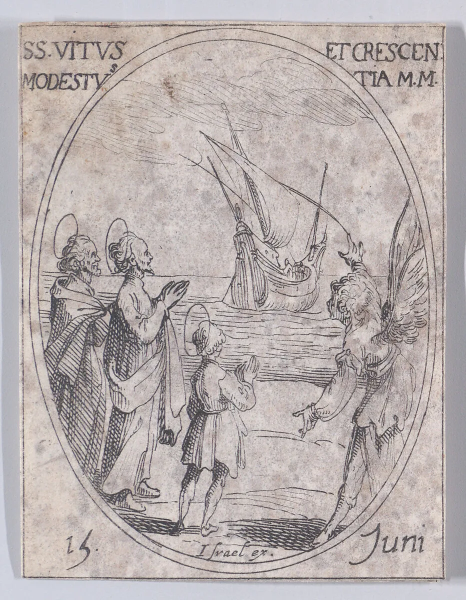 St. Vitus, St. Modestus, and St. Crescentia, June 15th, from "Les Images De Tous Les Saincts et Saintes de L'Année" (Images of All of the Saints and Religious Events of the Year) — Jacques Callot|Israël Henriet