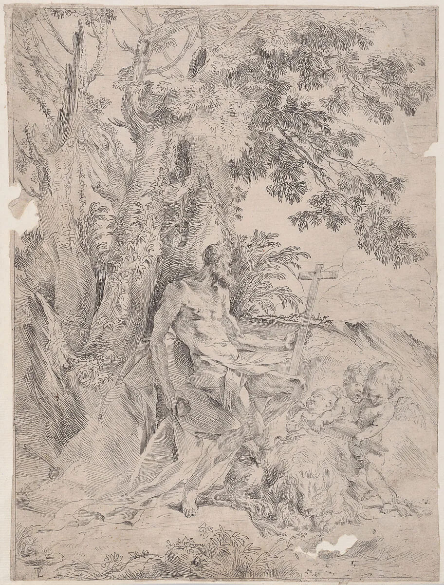Saint Jerome before a crucifix accompanied by a lion and three putti — Pietro Testa