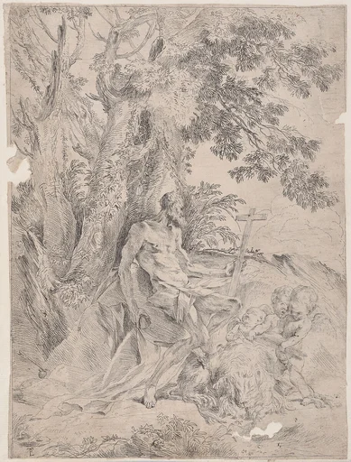 Saint Jerome before a crucifix accompanied by a lion and three putti