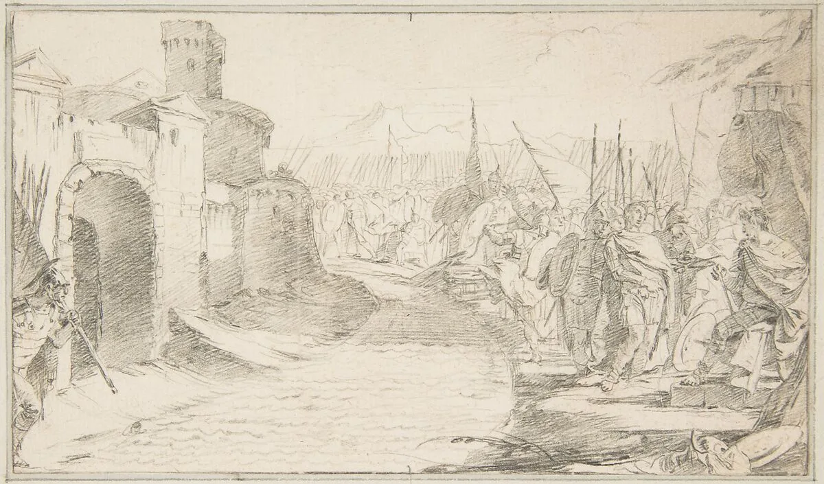 Illustration for a Book: Meeting Between Two Generals (?) before a Fortified Town — Giovanni Battista Tiepolo