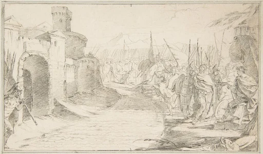 Illustration for a Book:  Meeting Between Two Generals (?) before a Fortified Town