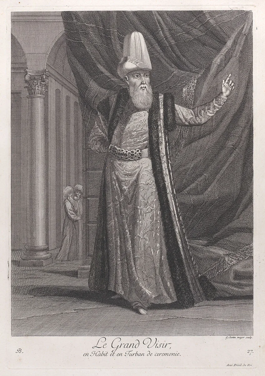 Le Grand Visir, en Habit et en Turban de ceremonie, plate 27 from "Recueil de cent estampes représentent differentes nations du Levant" — Jacques le Hay|Gérard Jean Baptiste Scotin I|Jean Baptiste Vanmour