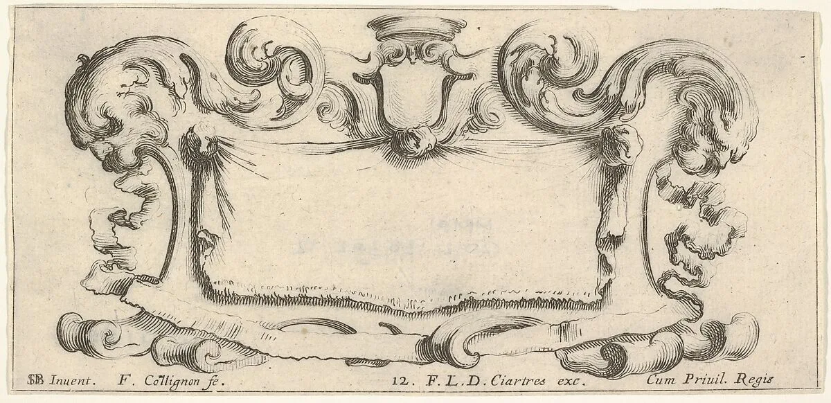 Plate 12: a cartouche with an empty escutcheon at top center, a head of a lion in profile to either side, from 'Twelve cartouches' (Recueil de douze cartouches) — François Langlois|Stefano della Bella|François Collignon
