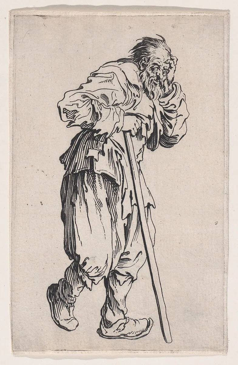 La Gueux Appuye sur son Baton (The Beggar Leaning on his Cane), from Les Gueux suite appelée aussi Les Mendiants, Les Baroni, ou Les Barons (The Beggars, also called the Barons) — Jacques Callot