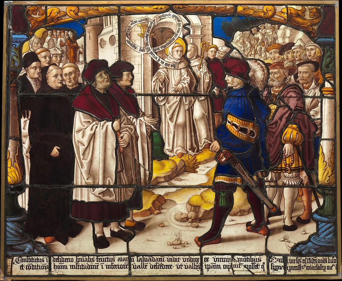 Life of Saint Bernard of Clairvaux: Saint Bernard exhorts the sick in body to enter his church with their spirits, in doing so returning to find their infirmities healed (one of two) — Master of Saint Severin