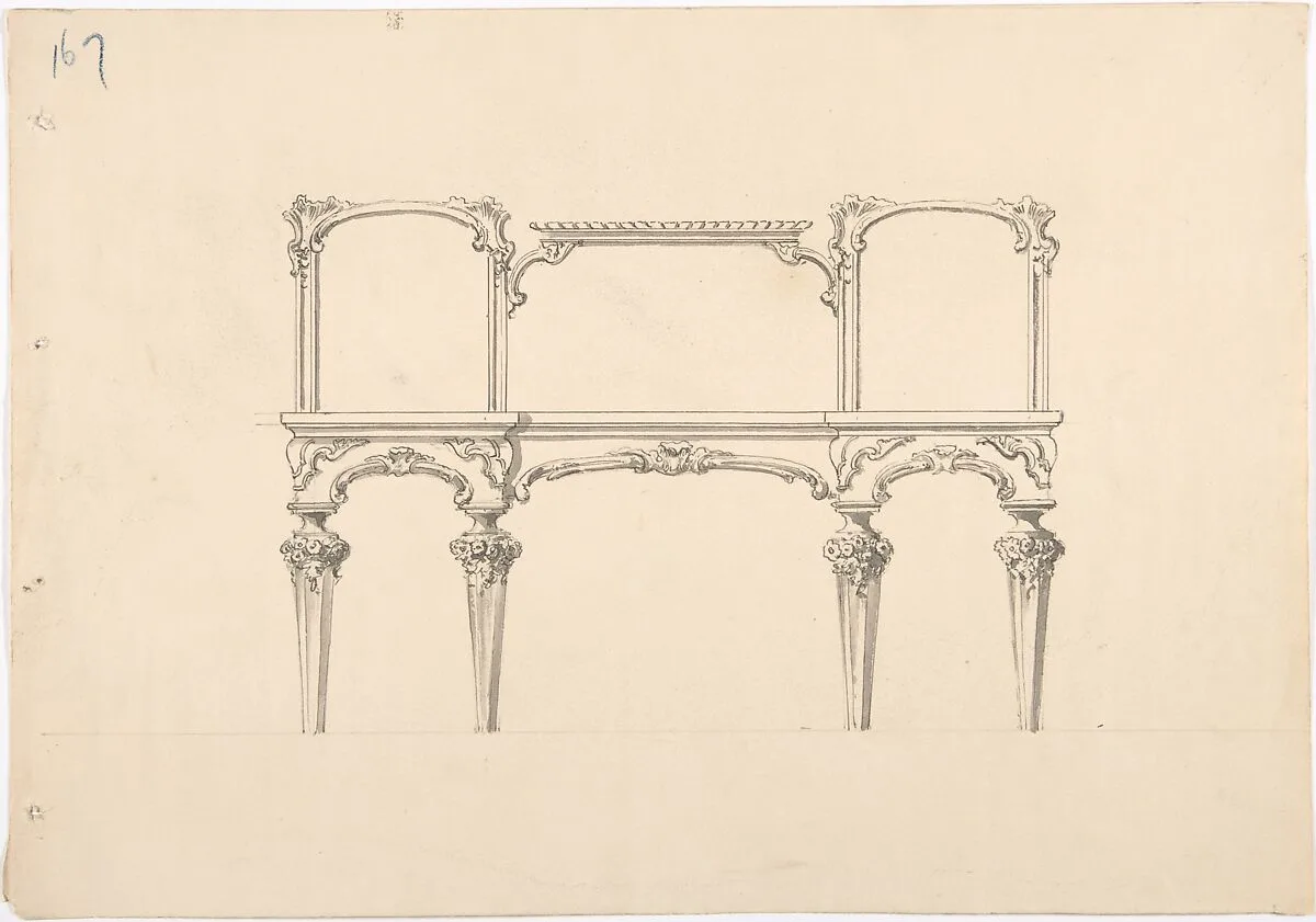 Design for a Mirrored Sideboard with Diminishing Legs, Floral and Rocaille Ornament — Anonymous, British, 19th century