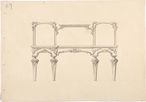 Design for a Mirrored Sideboard with Diminishing Legs, Floral and Rocaille Ornament