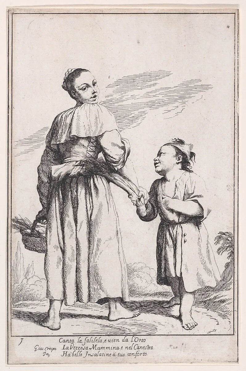Plate 15: Menghina leaving the garden with a basket filled with herbs and encountering Cacasenno, from "Bertoldo, Bertoldino, and Cacasenno" — Giuseppe Maria Crespi