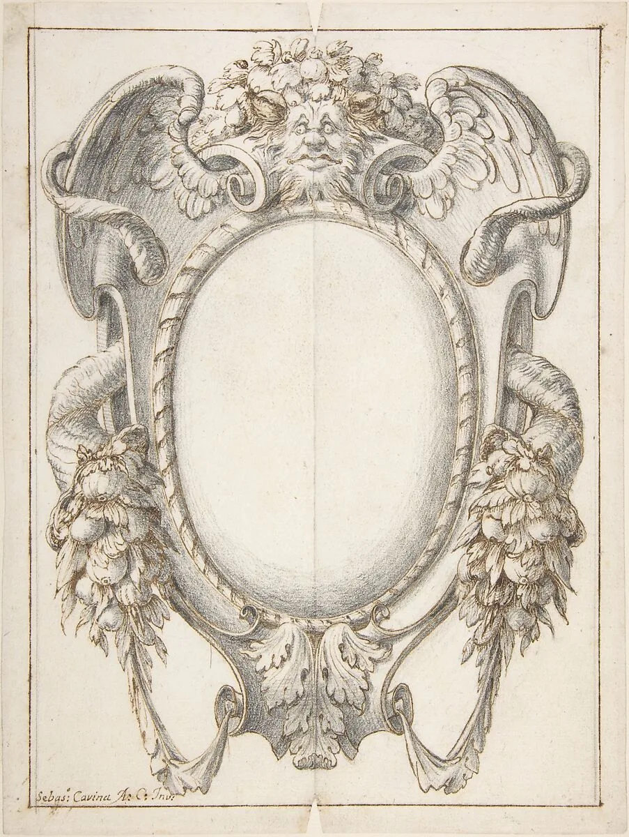 Design for a Cartouche with Zoomorphic Mask above and Cornucopia of Fruit and Leaves on the Sides. — Sebastiano Cavina