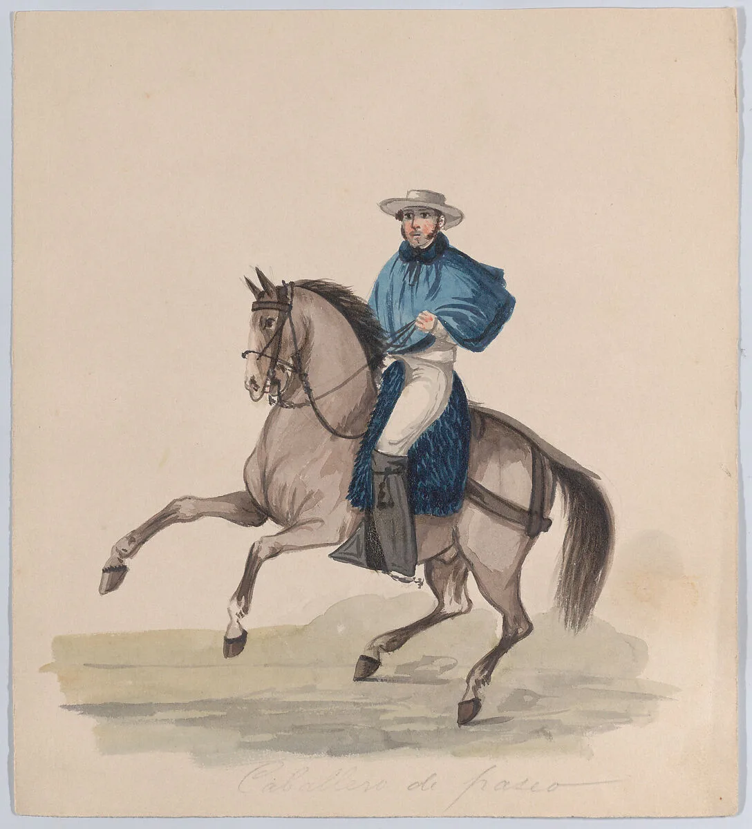 An elegantly dressed man on horseback, from a group of drawings depicting Peruvian dress — Francisco (Pancho) Fierro