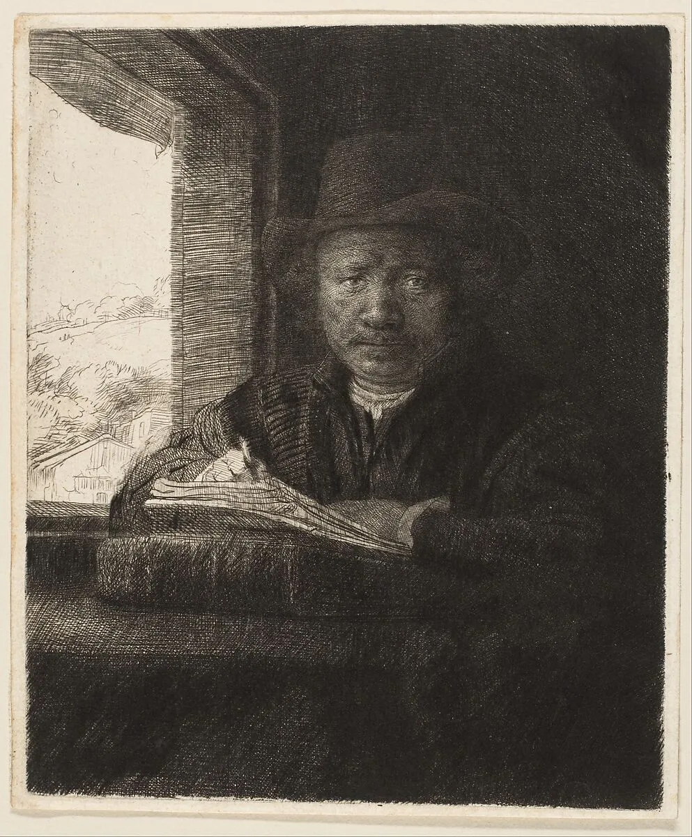 Self-Portrait Etching at a Window — Rembrandt (Rembrandt van Rijn)