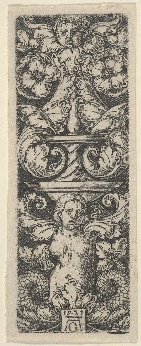 Vertical Panel with a Candelabrum Containing a Child's Head and a Woman with Two Fish Tails — Heinrich Aldegrever