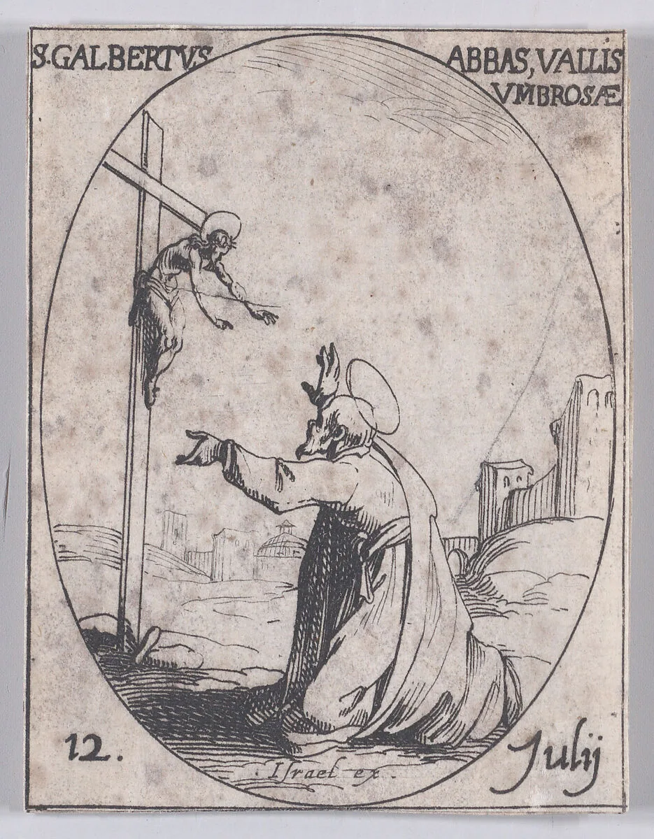 S. Galbert, abbé du Val d'Ombrose (St. John Gualbert, Abbot of Val d'Ombrose), July 12th, from "Les Images De Tous Les Saincts et Saintes de L'Année" (Images of All of the Saints and Religious Events of the Year) — Jacques Callot|Israël Henriet