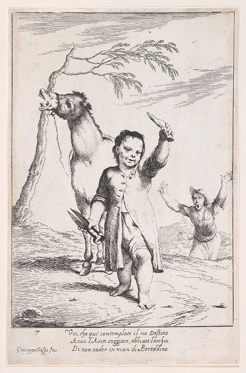 Plate 14: Bertoldino cutting off the ears of a gardener's donkey, from "Bertoldo, Bertoldino, and Cacasenno" — Giuseppe Maria Crespi