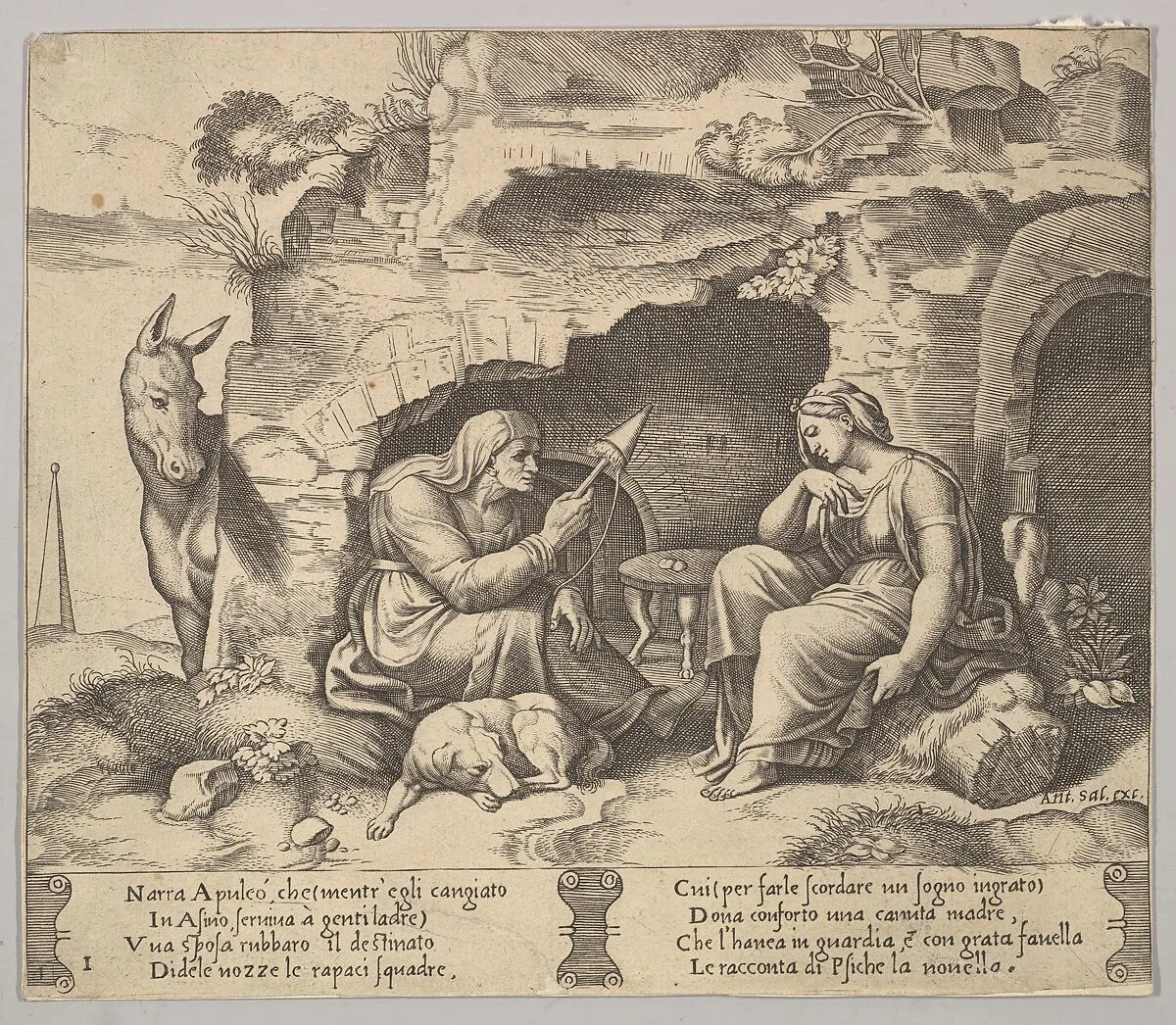Plate 1: Apuleius changed into a donkey listening to the story told by the old woman spinning — Master of the Die|Antonio Salamanca|Michiel Coxie (I)