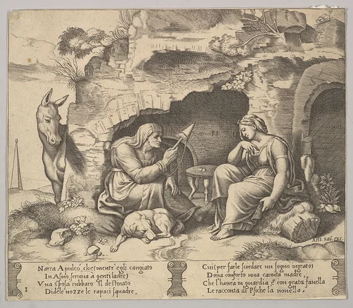 Plate 1: Apuleius changed into a donkey listening to the story told by the old woman spinning