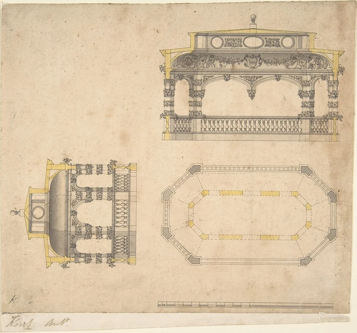 Design for a Bath in the Form of an Elongated Polygonal Temple, Plan and Two Elevations — John Vardy
