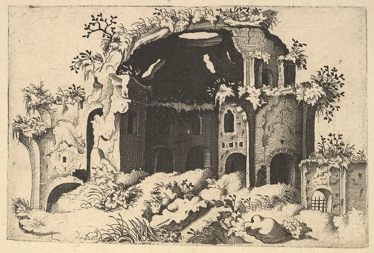Horizontal Landscape with the remains of the Nymphaeum, mistakenly identified as the Temple of Minerva Medica in Rome, from the series 'Ruinarum variarum fabricarum delineationes pictoribus caeterisque id genus artificibus multum utiles' — Gerard de Jode|Lambert Suavius