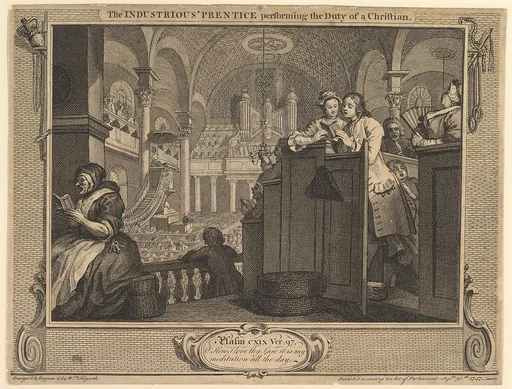 The Industrious 'Prentice Performing the Duty of a Christian: Industry and Idleness, plate 2