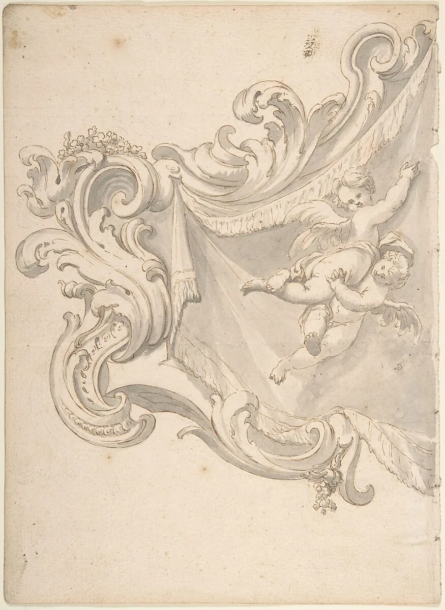 Design for a Crest with Drapery and Two Putti — Anonymous, Italian, Piedmontese, 18th century