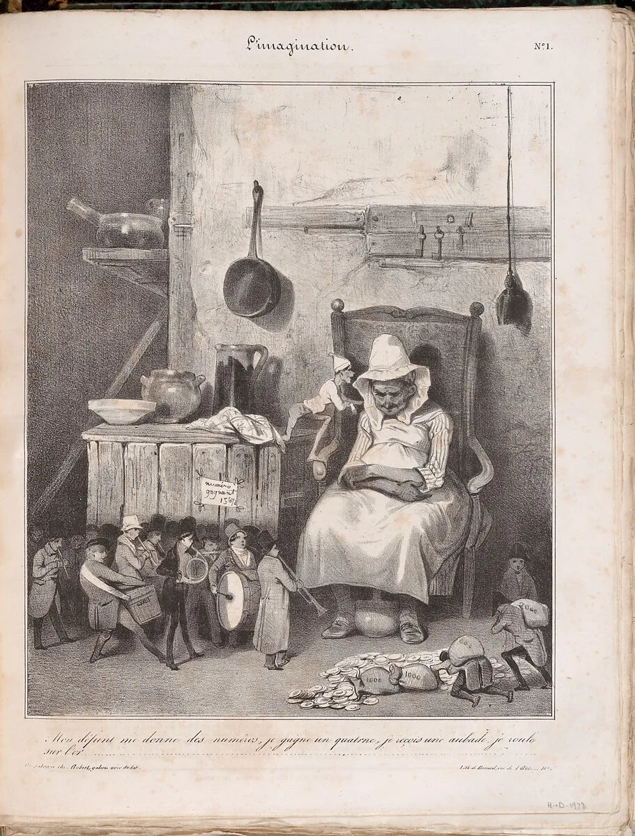 My deceased husband gave me tickets…, from ‘L’Imagination’ published in Le CharivariJanuary 14, 1833 — Honoré Daumier|Aubert et Cie|Charles Ramelet|Benard