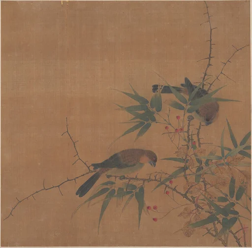 清 佚名 竹禽圖 冊頁|Bamboo Branch with Berries and Birds