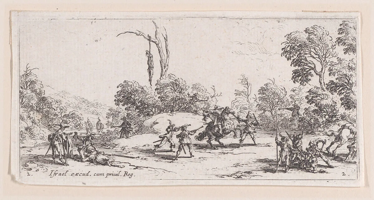 L'Attaque sur la Route estampe appelée aussi Vol Sur Les Grands Chemins (Attack on Route, also called Theft on the Great Road), from Les Petites Misères de la Guerre (The Little Miseries of War), plate 2 — Jacques Callot|Israël Henriet