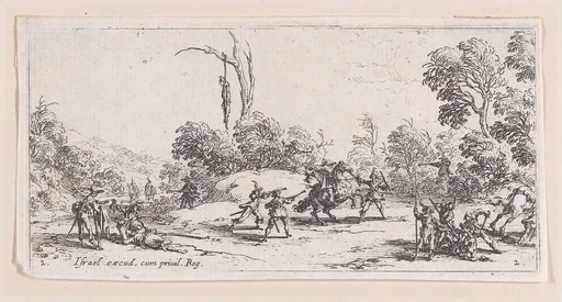 L'Attaque sur la Route estampe appelée aussi Vol Sur Les Grands Chemins (Attack on Route, also called Theft on the Great Road), from Les Petites Misères de la Guerre (The Little Miseries of War), plate 2