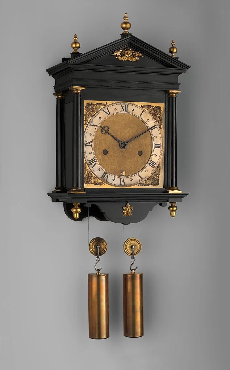 Hooded wall clock with calendar — Ahasuerus I Fromanteel